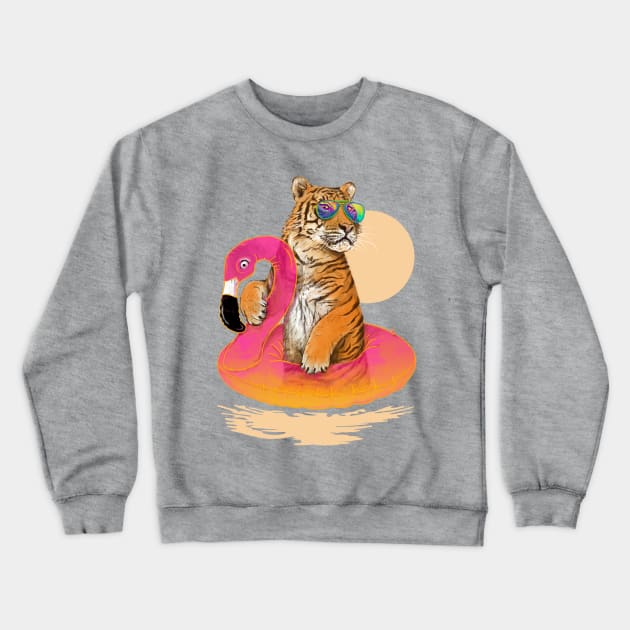 Chillin (Flamingo Tiger) Crewneck Sweatshirt by 38Sunsets